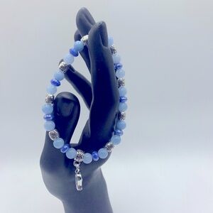 Evil Eye Charm, Blue Jade, Glass & Pewter Bead Stretch Bracelet